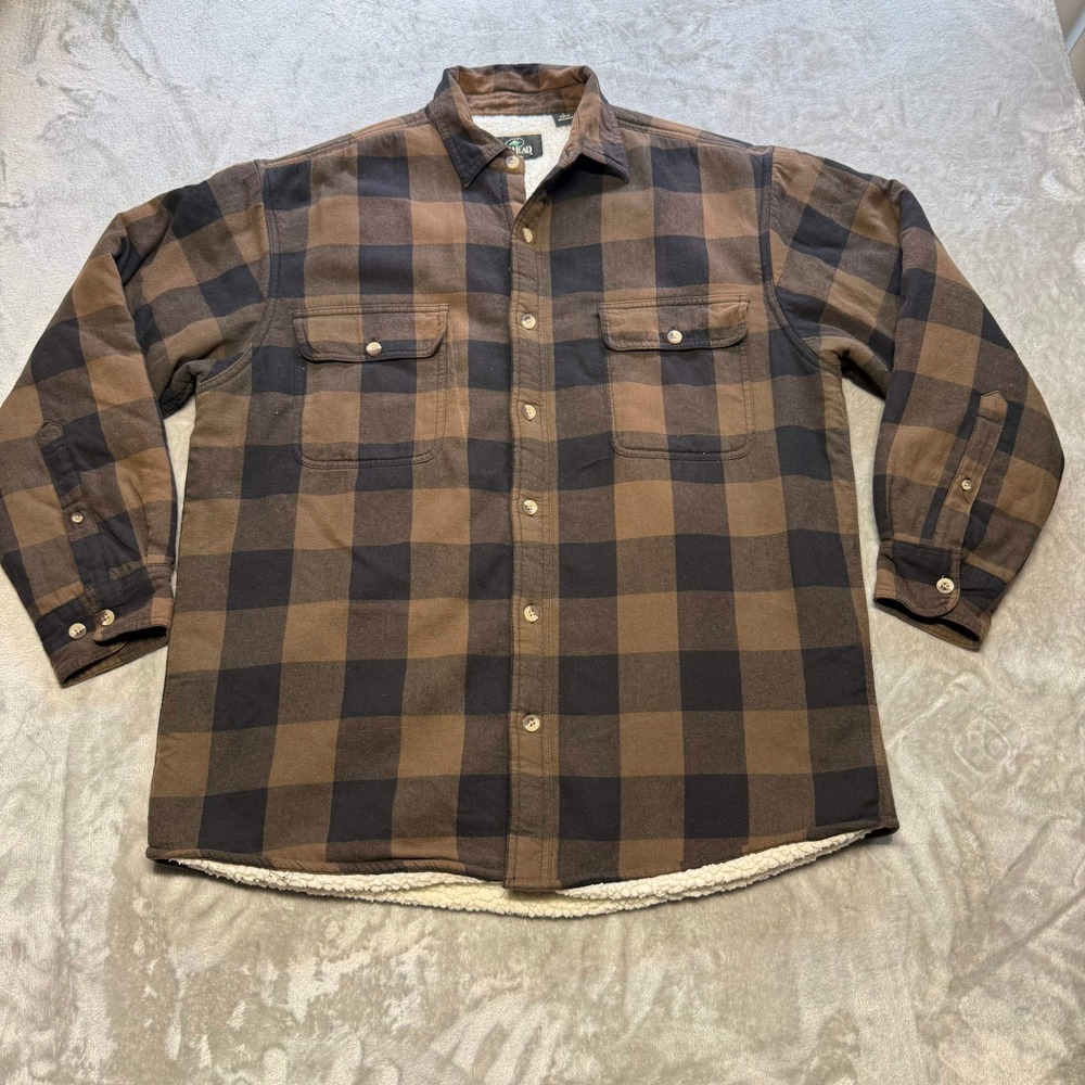 RedHead Mens Brown Black Buffalo Plaid Sherpa Lined Flannel Shirt Jacket Large